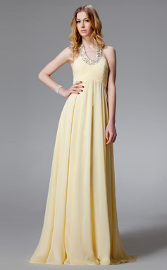 A-Lijn/Prinses Halter Vloerlengte Chiffon Avondjurken met Roes Kraal (017004459)
