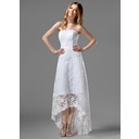 A-Line/Princess Strapless Asymmetrical Satin Lace Wedding Dress With Beadwork (002000226)